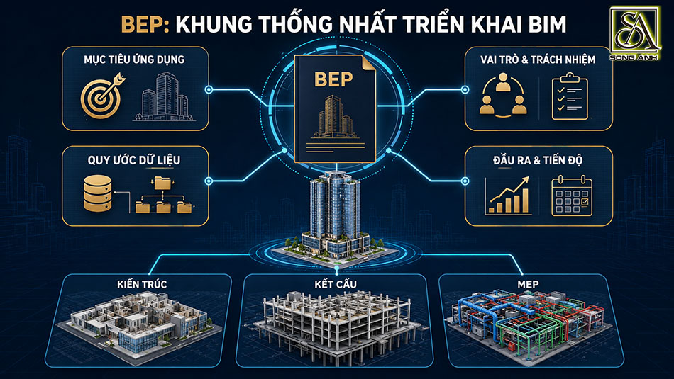 BEP thống nhất mục tiêu, trách nhiệm, quy ước dữ liệu và đầu ra giữa kiến trúc, kết cấu và MEP